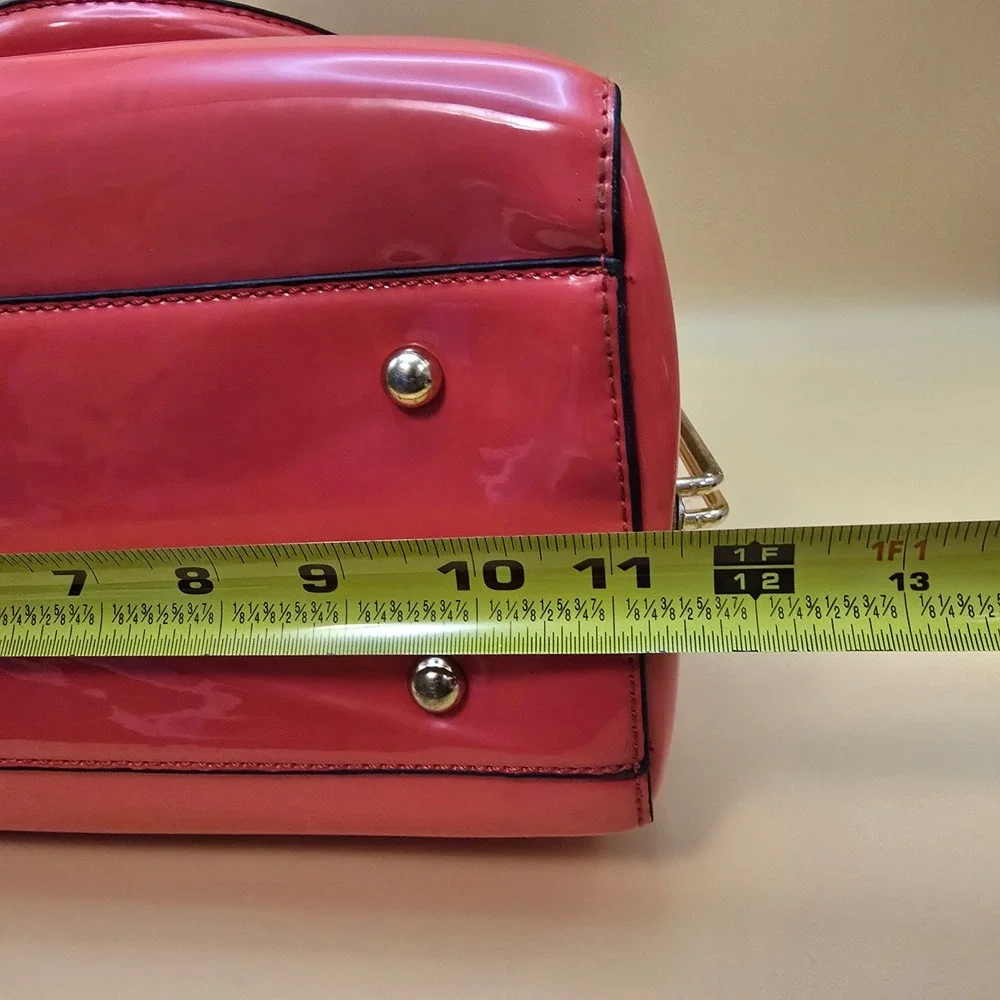 Coral Pink Patent Faux Leather Doctor Bag Satchel Leopard Print Lining Vintage